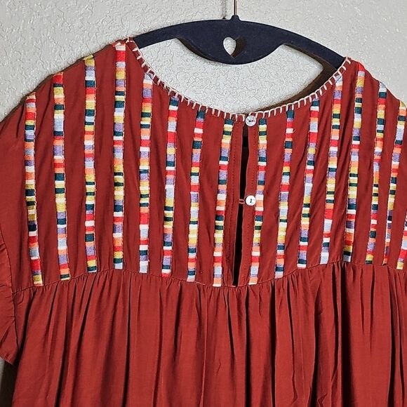 Entro Rust Red Tiered Dress with Colorful Rainbow Embroidered Stripes Small - Picture 6 of 9